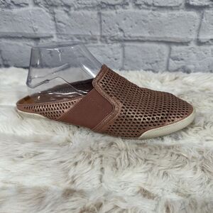 Frye Melanie Mules Womens 7.5 Brown Leather Flats‎ Laser Cut Rose Pink Metallic